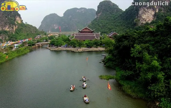 A corner of Trang An with temples, mountains, and rivers