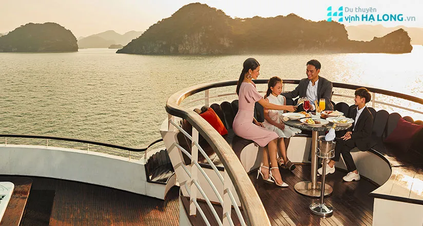 A cruise ship sailing in Ha Long Bay, typical for 2-day 1-night tours