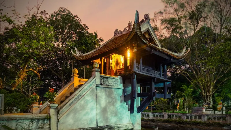 Unique architecture of One Pillar Pagoda, with a single stone pillar supporting the temple