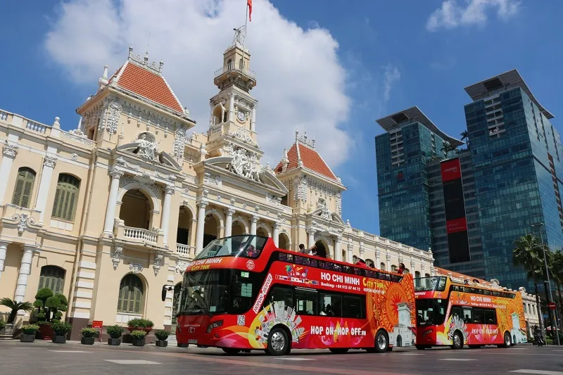 Red double-decker Saigon city tour bus (Hop-on Hop-off)