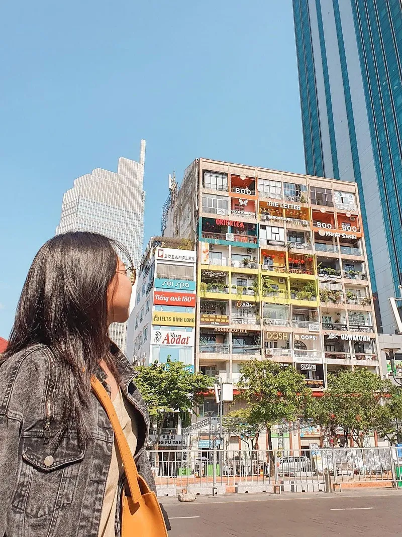 Exterior of Apartment Building 42 Nguyen Hue, a popular spot with cafes and shops
