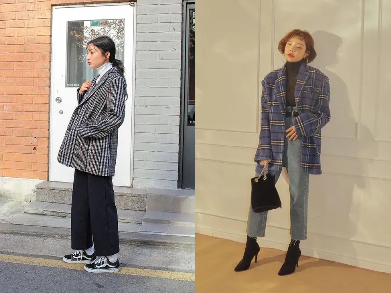 Plaid wool coat and wide-leg pants - warm and fashionable choice