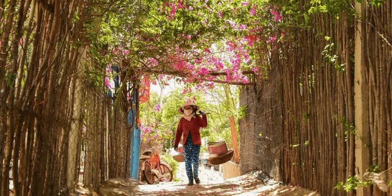 Bãi biển Mũi Né với bờ cát trải dài và những hàng dừa xanh mát.