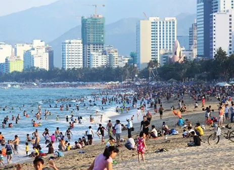 Crowded Nha Trang beach during peak season in August