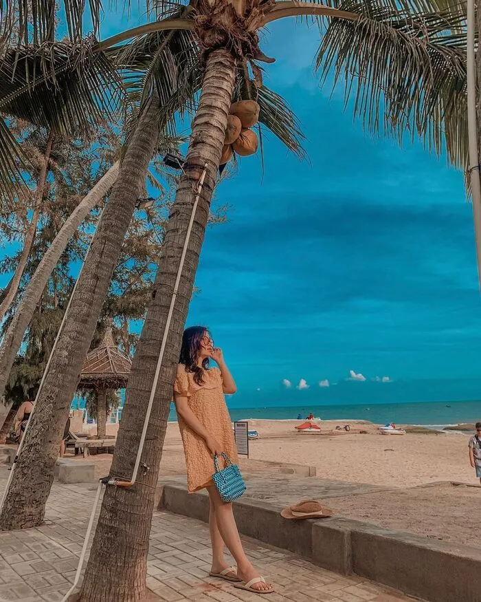 Beachfront resorts and palm trees lining Mui Ne Beach in Binh Thuan, Vietnam