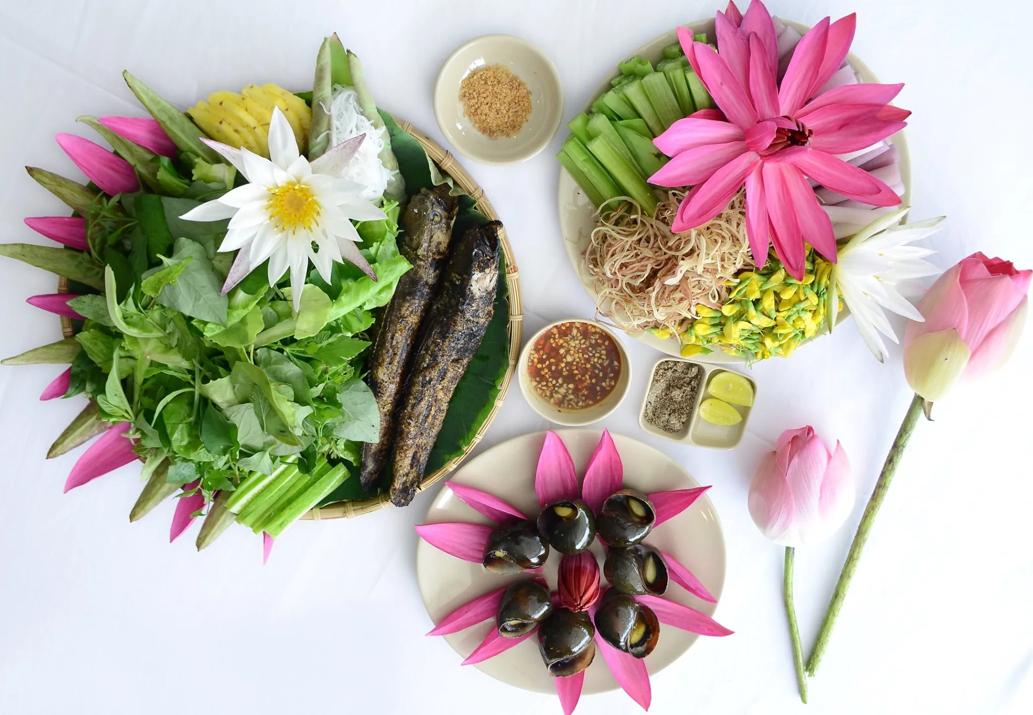 Bàn ăn với các món đặc sản miền Tây tại Làng nổi Tân Lập như cá lóc nướng trui, cá rô kho tộ và rau rừng