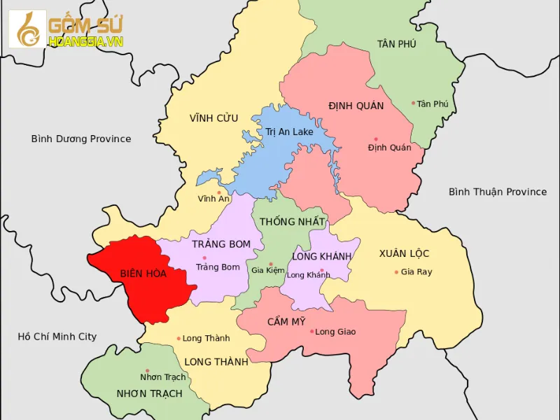 Map showing the location of Bien Hoa Pottery Village, Dong Nai and transportation routes
