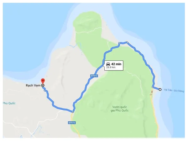 Map of the route from Thanh Thoi ferry terminal to Rach Vem fishing village on Google Maps