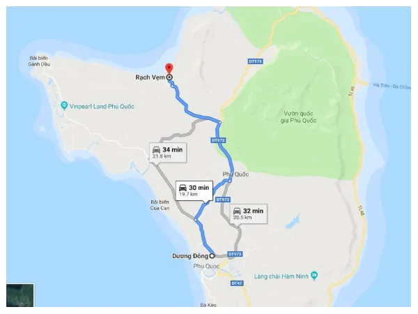 Map of the route from Duong Dong town to Rach Vem fishing village