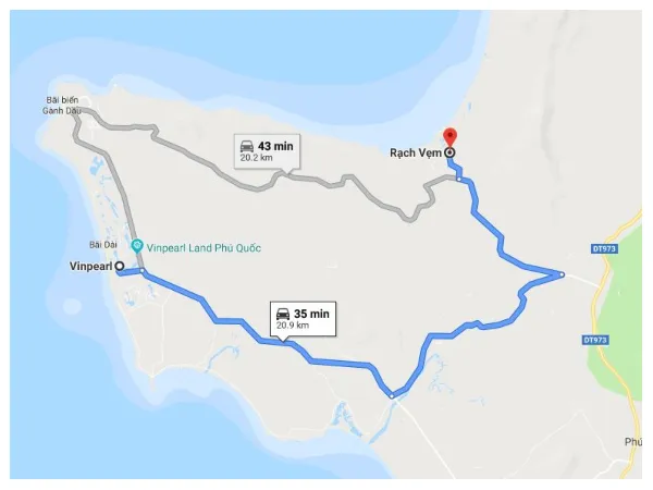 Map of the route from Vinpearl Phu Quoc to Rach Vem fishing village