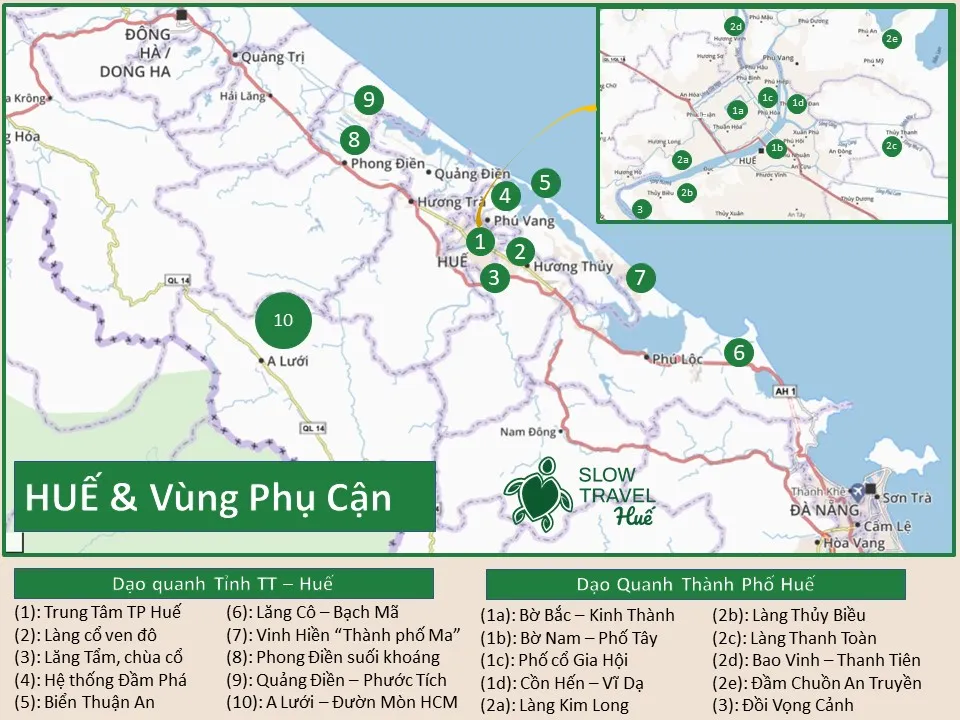 Map of slow bike tours exploring Hue and surrounding areas