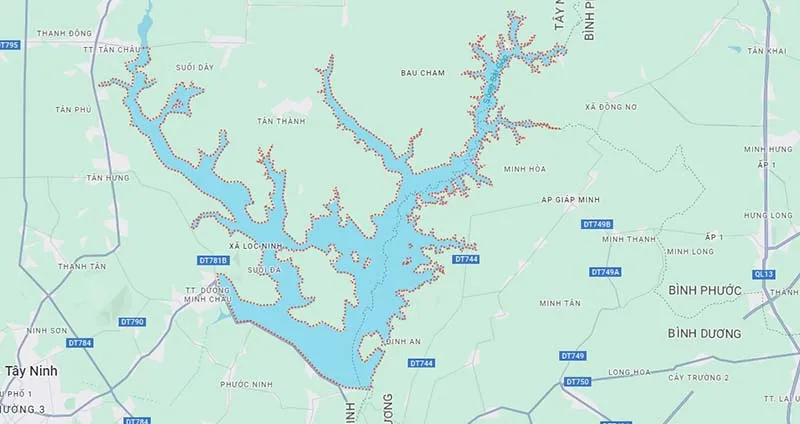 Bản đồ vị trí hồ Dầu Tiếng trải rộng trên địa phận các tỉnh Tây Ninh, Bình Dương và Bình Phước