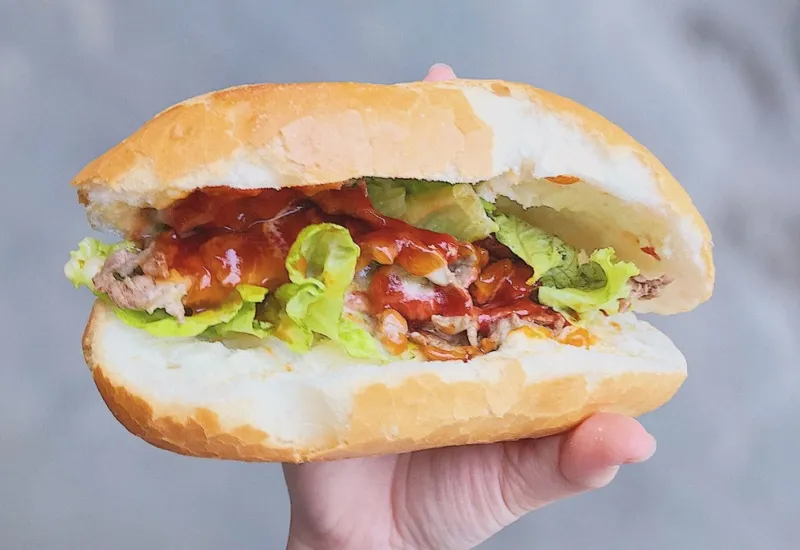 An An Chicken Banh Mi with soft and chewy shredded chicken filling