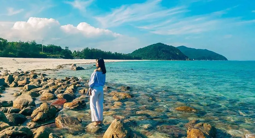 Minh Chau beach with white sand and clear blue water
