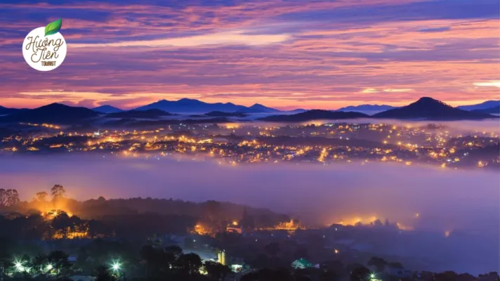 Scenic and painterly sunrise over misty Da Lat city