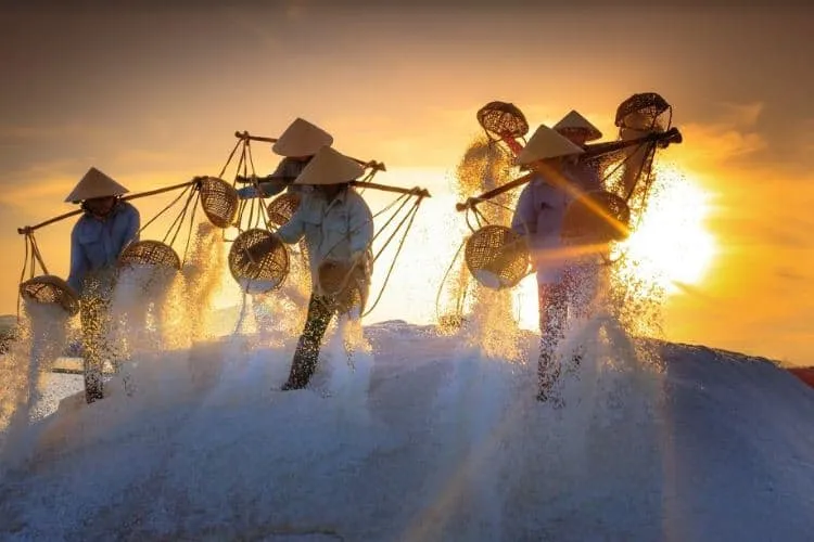 Salt fields at sunset in Ninh Thuan, where the water surface reflects twilight, creating a magical scene.