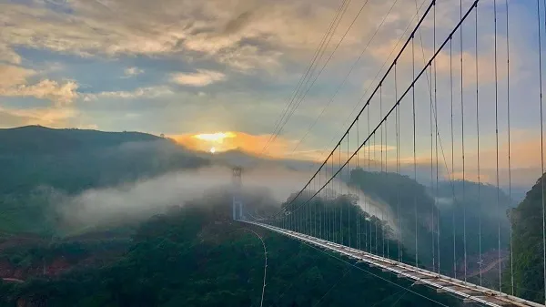 View from Bach Long Glass Bridge looking down at the valley in Moc Chau