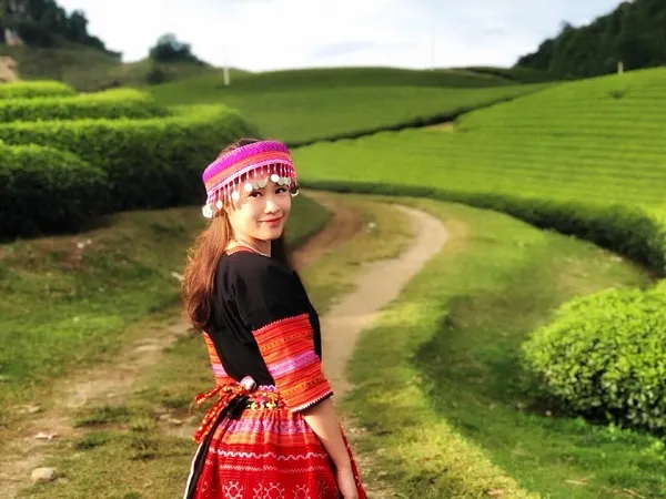 People taking photos at Heart Tea Hill in Moc Chau