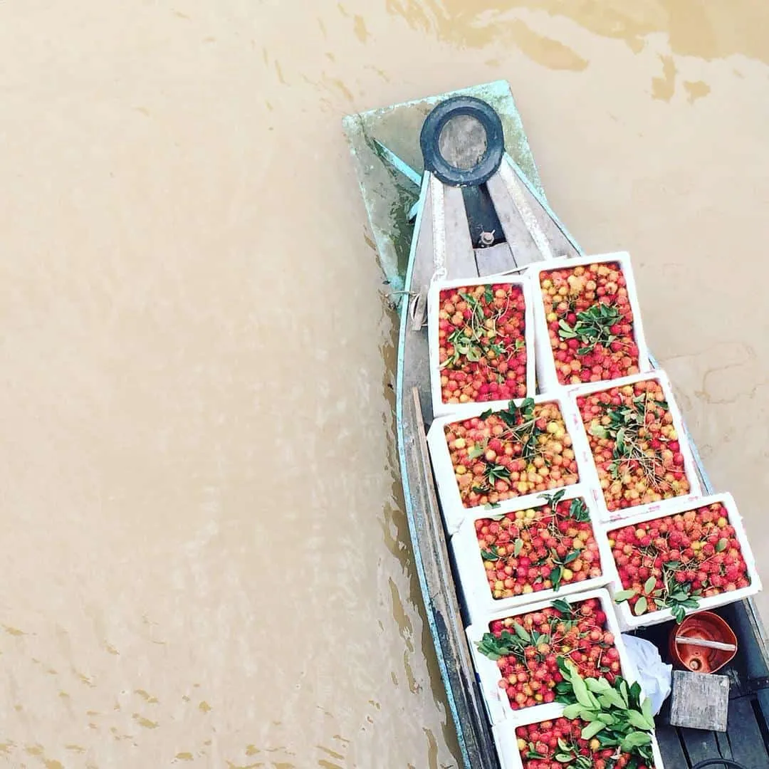 Cai Be Floating Market in the early morning, bustling trading atmosphere