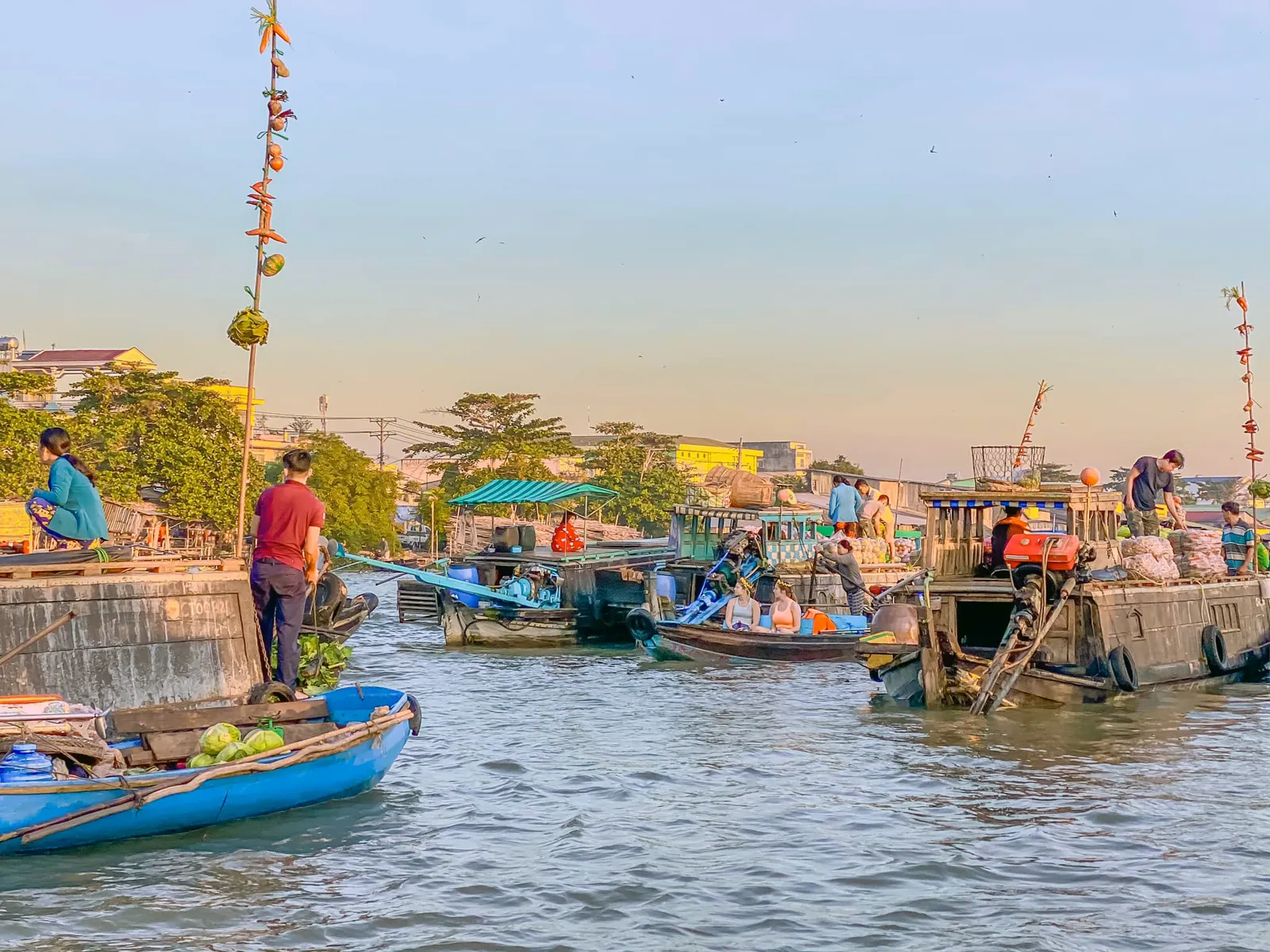 Bustling Cai Rang Floating Market, a unique water culture symbol of Can Tho and the Mekong Delta, Vietnam