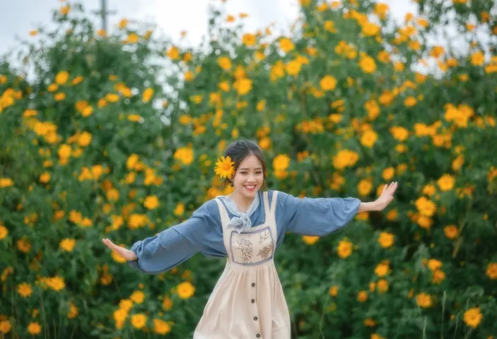 Charming countryside girl concept outfit by the wild sunflowers
