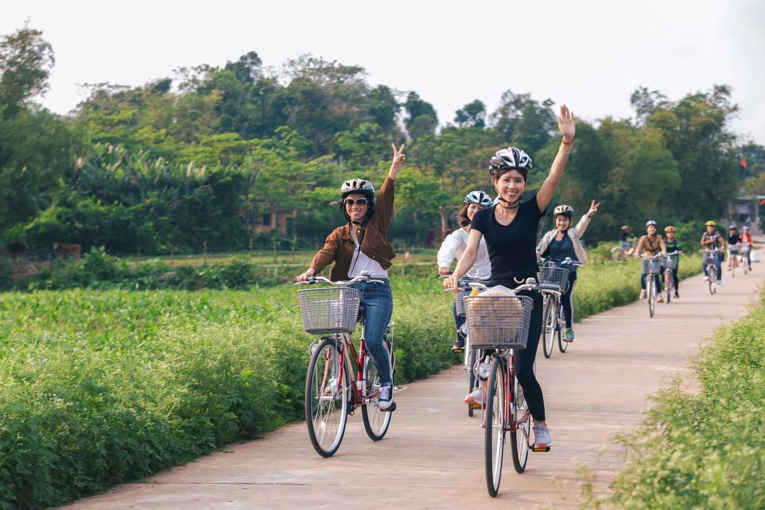 Đạp xe trên con đường làng yên bình ở Bắc Bộ