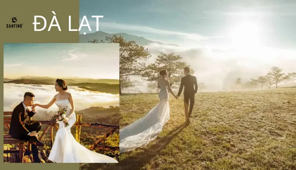 Beautiful wedding photoshoot location in Da Lat with Xuan Huong lake and ancient French architecture scenery