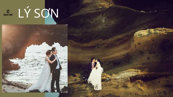 Beautiful wedding photoshoot location in Ly Son with volcanic rock cliffs and blue sea
