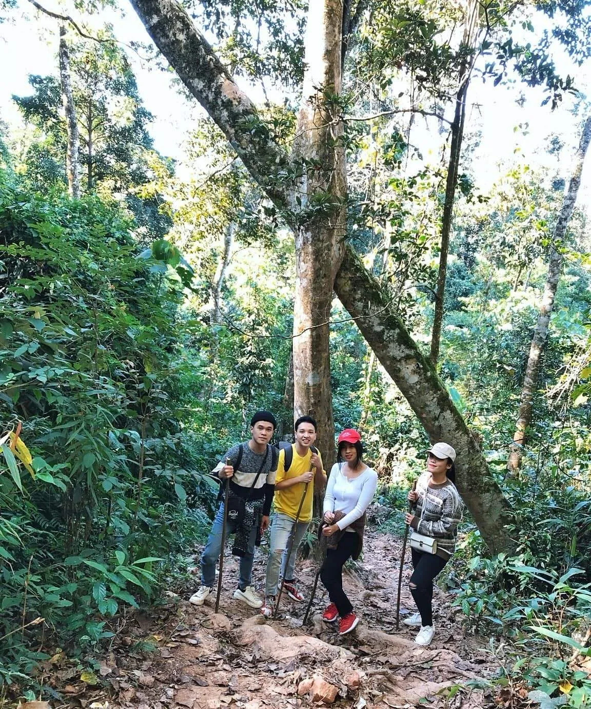 Trekking group enthusiastically conquering Pha Luong peak with full gear