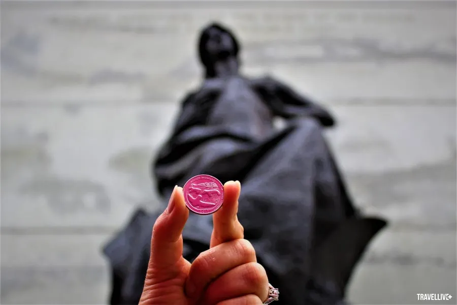US quarter coin photographed at Des Moines War Memorial in Iowa