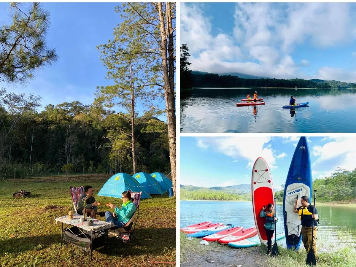 Tourists experiencing stand-up paddleboarding on Tuyen Lam Lake under the guidance of a professional instructor.