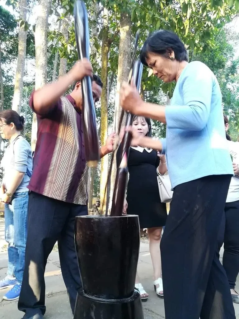 Visitors experiencing the stage of pounding sticky rice to make traditional Com Dep