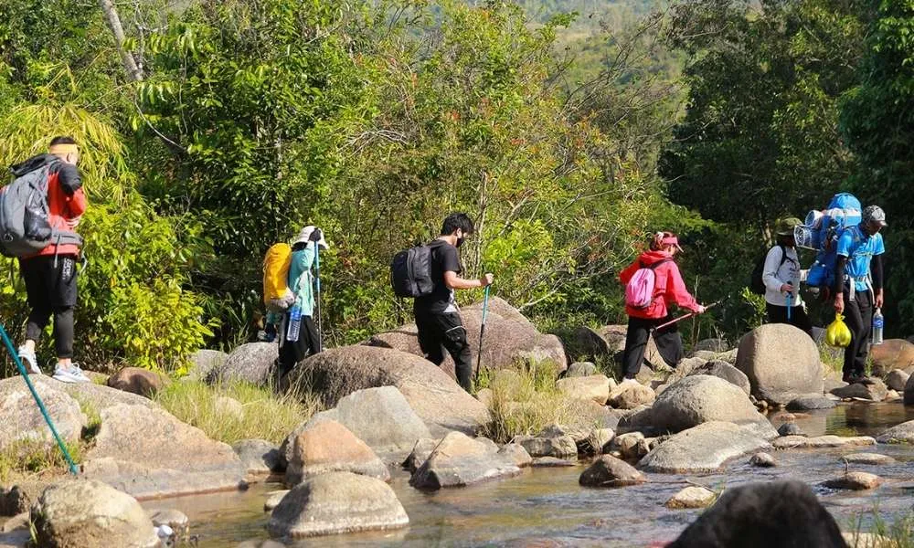 Tourists trekking across a stream in Chu Yang Sin forest