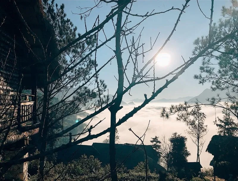 Mist enveloping the mountains, creating a mystical winter scene.