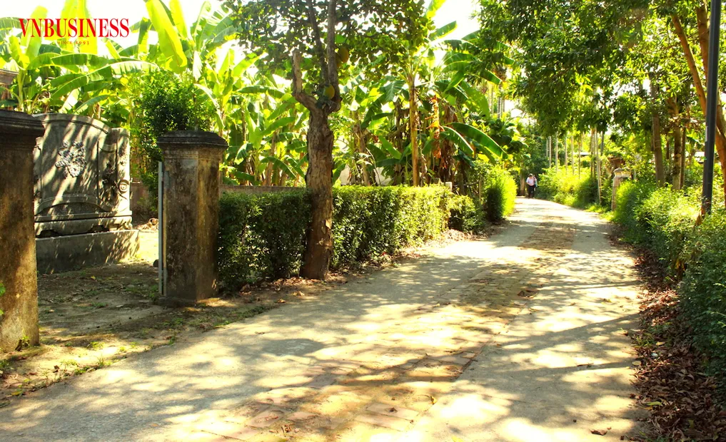 Peaceful village lane in Phuoc Tich with traditional gates, gardens, screens, and green tea fences in front of each ancient house.
