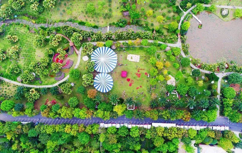 Ecopark urban area with green spaces and modern buildings
