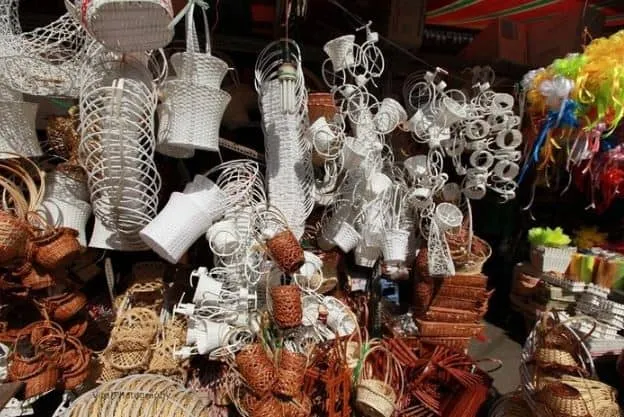 Wicker baskets used for displaying and selling flowers at Ho Thi Ky Market.