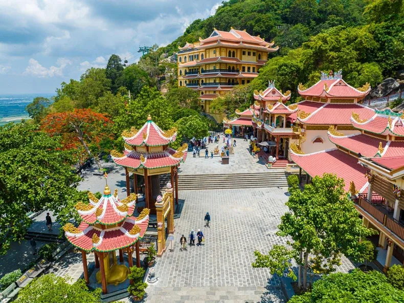 The sacred Ba Pagoda complex located on the hillside of Ba Den Mountain, a famous spiritual destination in Tay Ninh