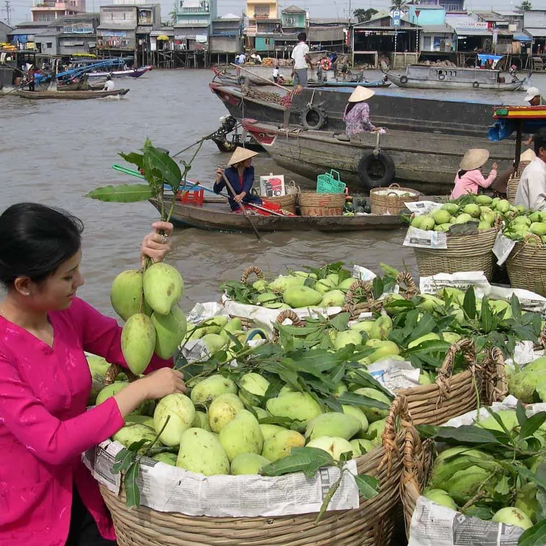 Unique "beo" advertising at Cai Be Floating Market, a distinctive way of product promotion
