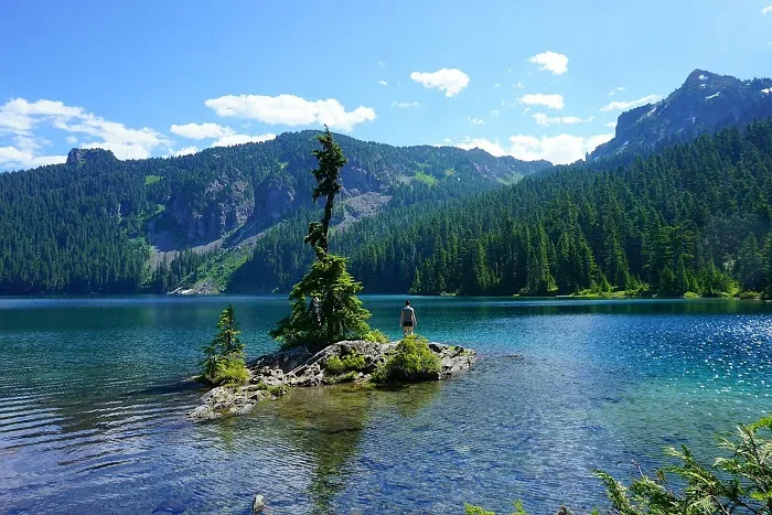 Peaceful and dreamy Mowich Lake in Mount Rainier National Park