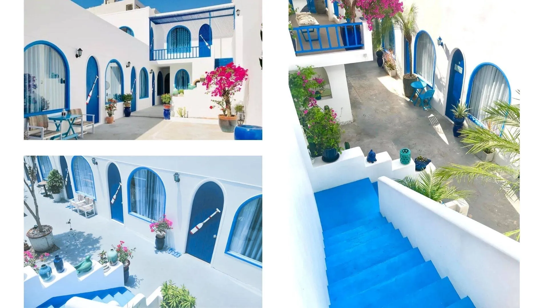 Homestay phong cách Santorini Hy Lạp với màu trắng và xanh đặc trưng