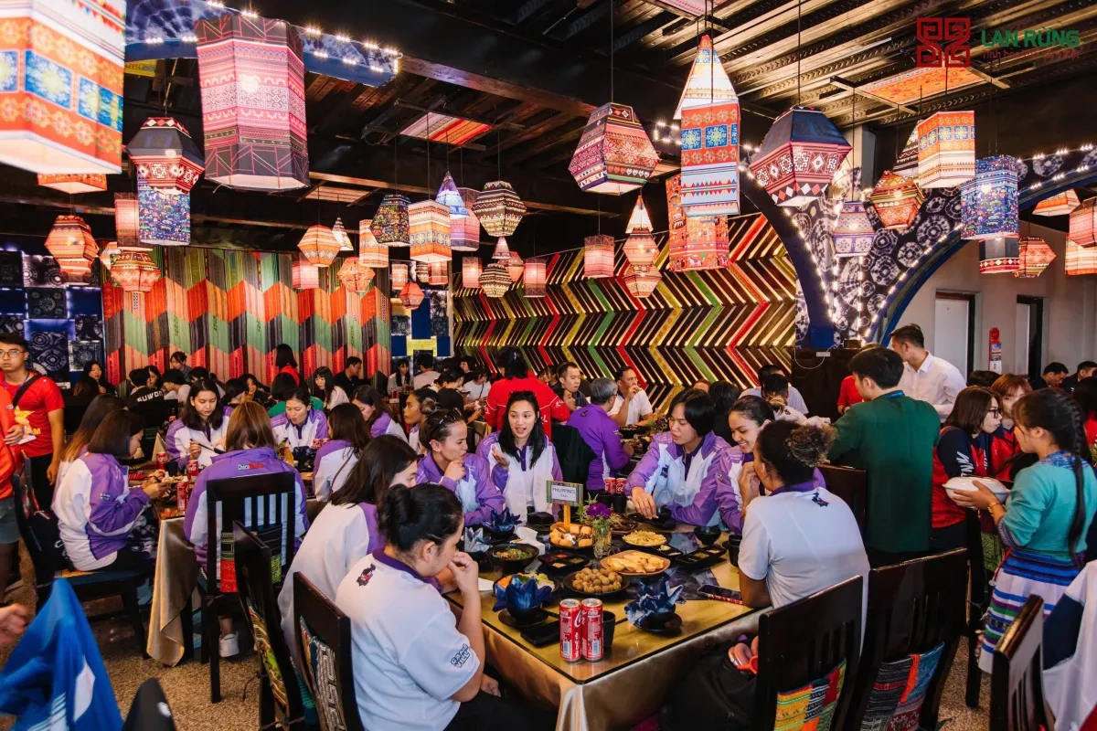 Unique space with brocade patterns at Lan Rung Restaurant in Sapa.