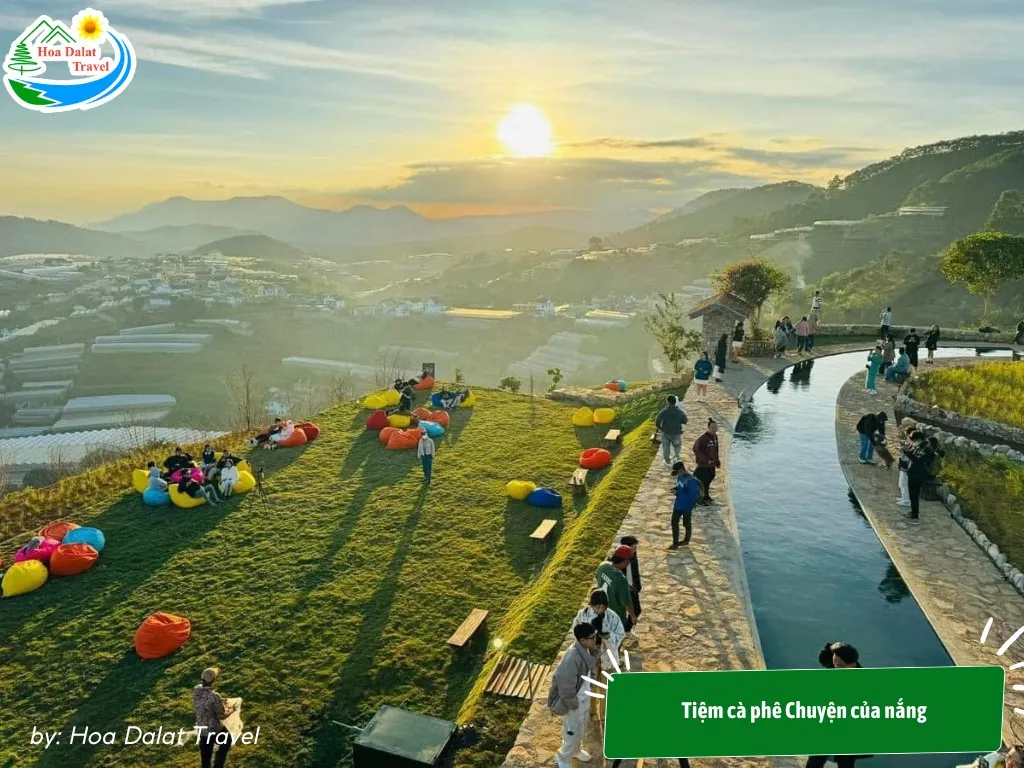 Poetic space at Chuyen Cua Nang coffee shop with smooth gravel paths, green meadows