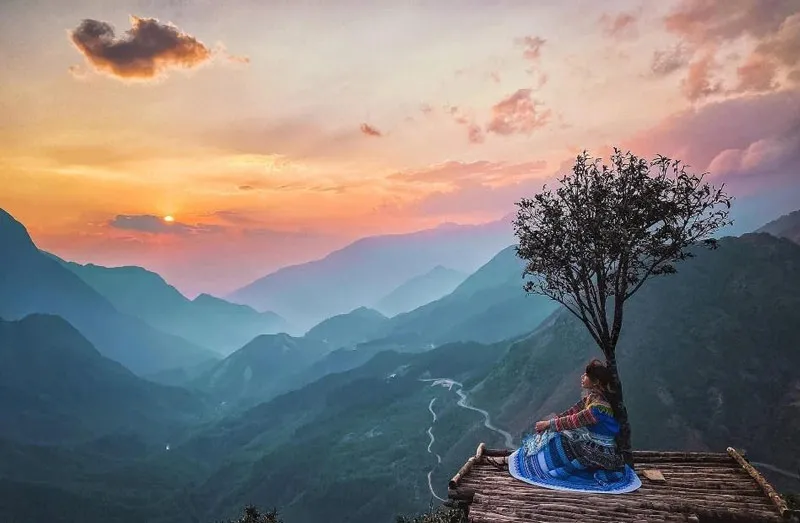 Peaceful scenery when watching the sunset by Sapa lonely tree