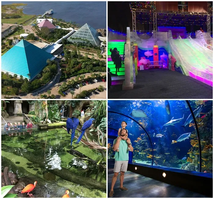 Moody Gardens Galveston pyramids surrounded by lush greenery and water features