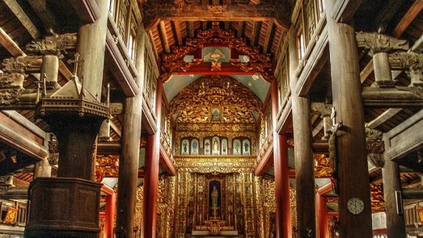 Small stone church &quot;The Heart of Our Lady&quot; with unique architecture and intricately carved reliefs
