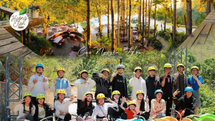 Group of happy tourists at Da Lat Flower Highland and picnic area