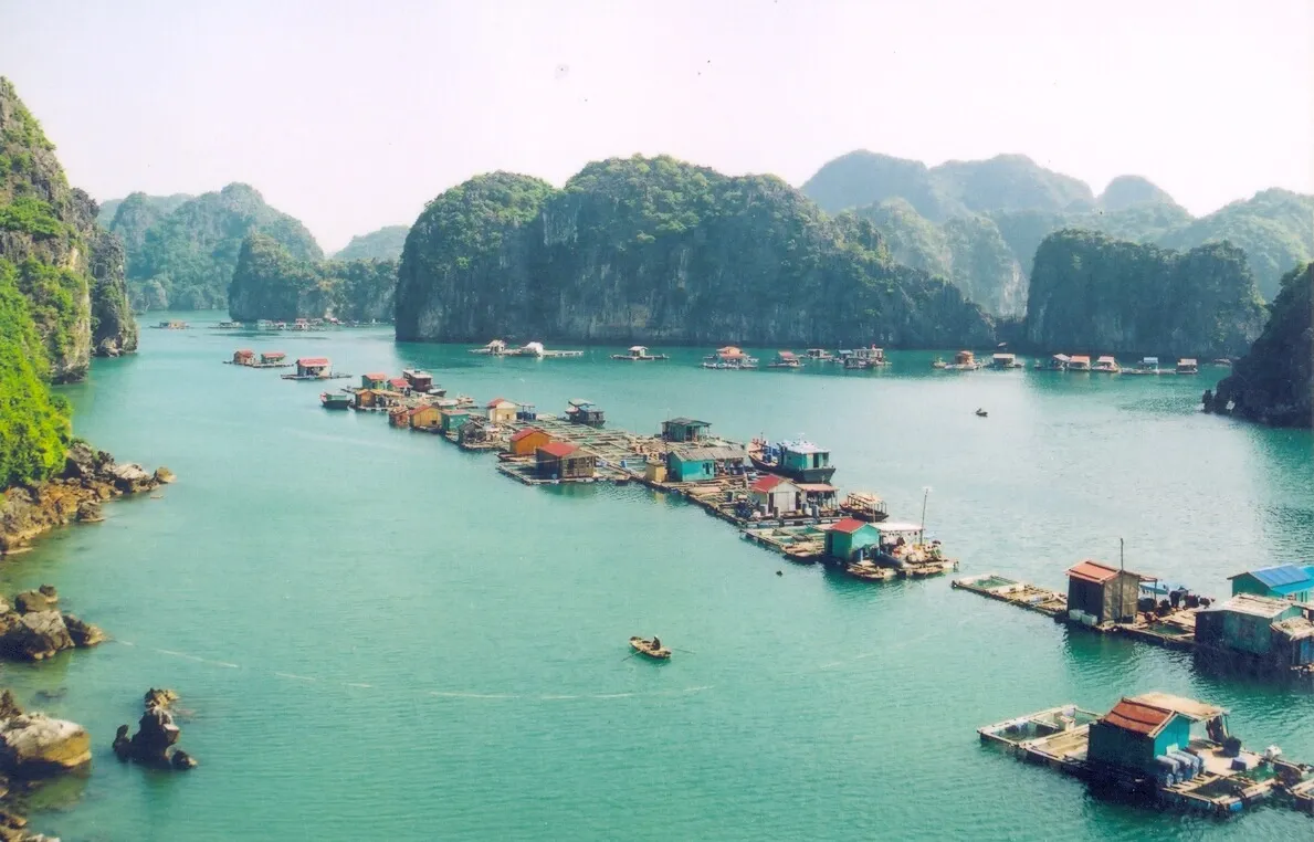 Colorful floating houses in Cua Van fishing village