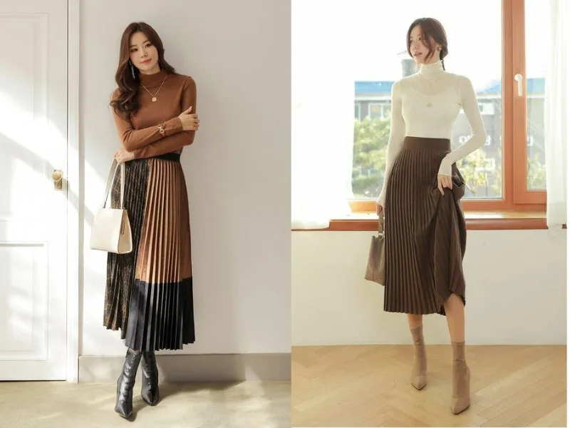 Feminine style with pleated midi skirt and turtleneck sweater