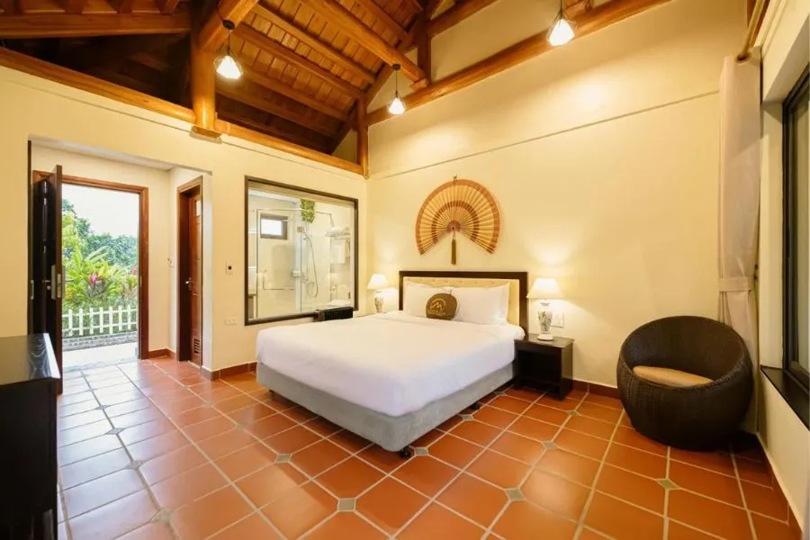 Phòng Premier Double tại Memorina Ninh Bình Farmstay mang đậm nét đẹp kiến trúc miền quê Bắc Bộ